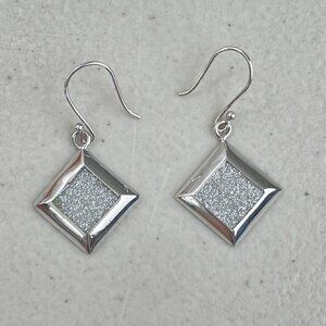 Vintage Y2K Silver Tone Pierced Earrings, Glittery Square Dangle Earrings, Speci